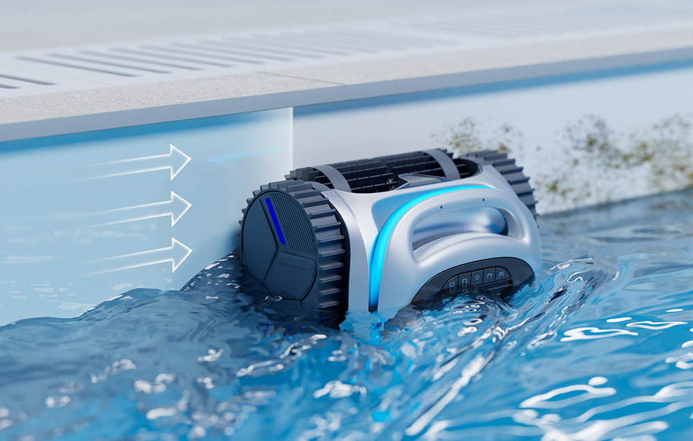 The cleaning robot climbs the pool wall toward the waterline