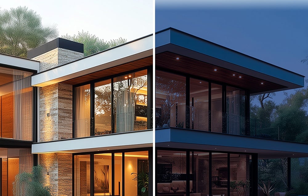 Modern house shown in two versions - during the day and after dark with lights on