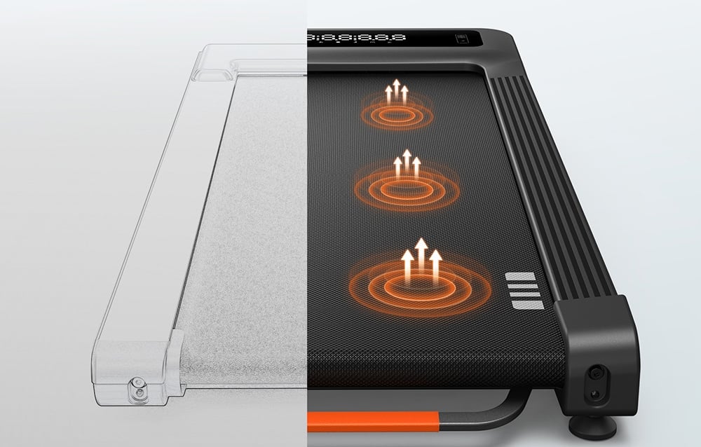 Black treadmill shown in a graphic cross-section with three highlighted wave and arrow icons