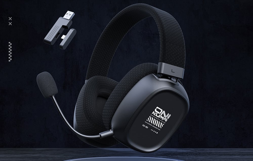 Black gaming headphones with microphone and USB adapter on a dark background