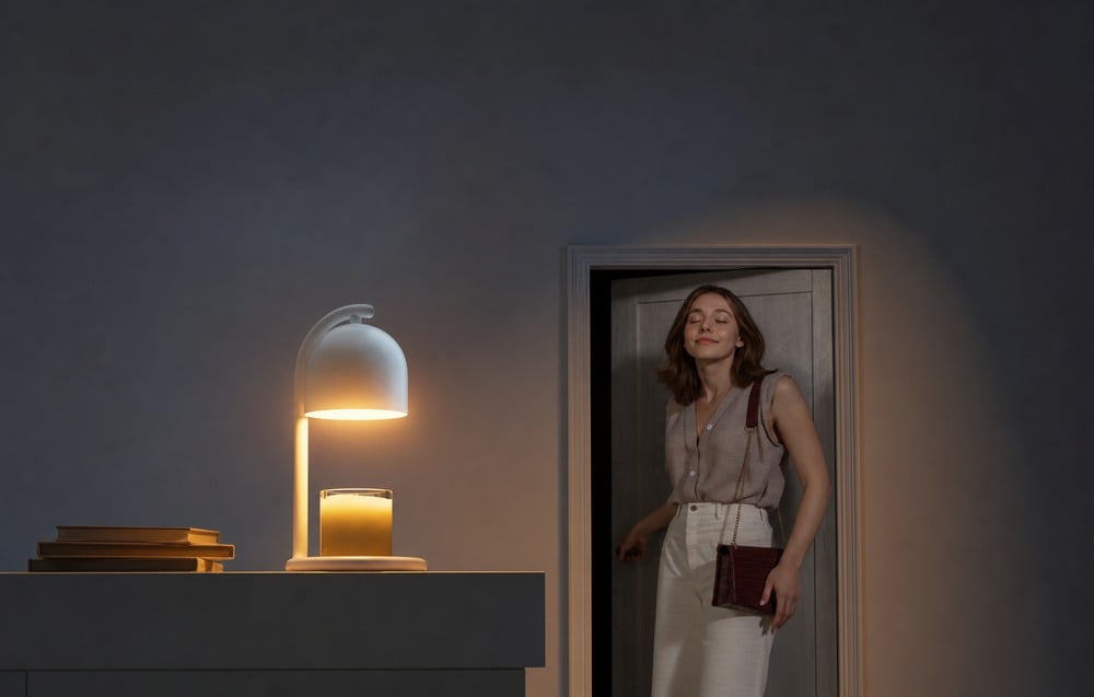 A woman with a handbag walks through a door into a dimly lit room, where a candle warmer on a shelf is heating a large scented candle in a glass jar.