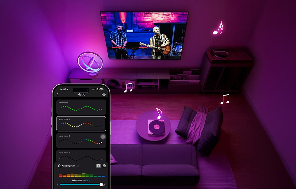 A top-down view of a purple-lit living room with a TV, a sofa, and a music app in the foreground.