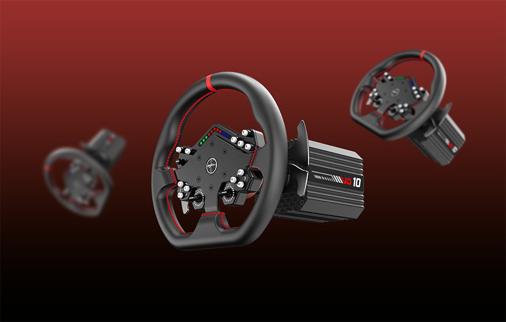 3 steering wheels on red-black background.