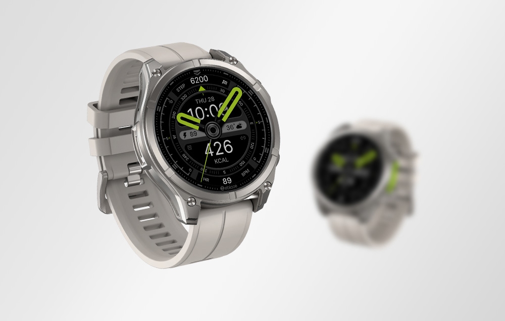 Two smartwatches with bright stripes, one sharp in the foreground, the other blurred in the background