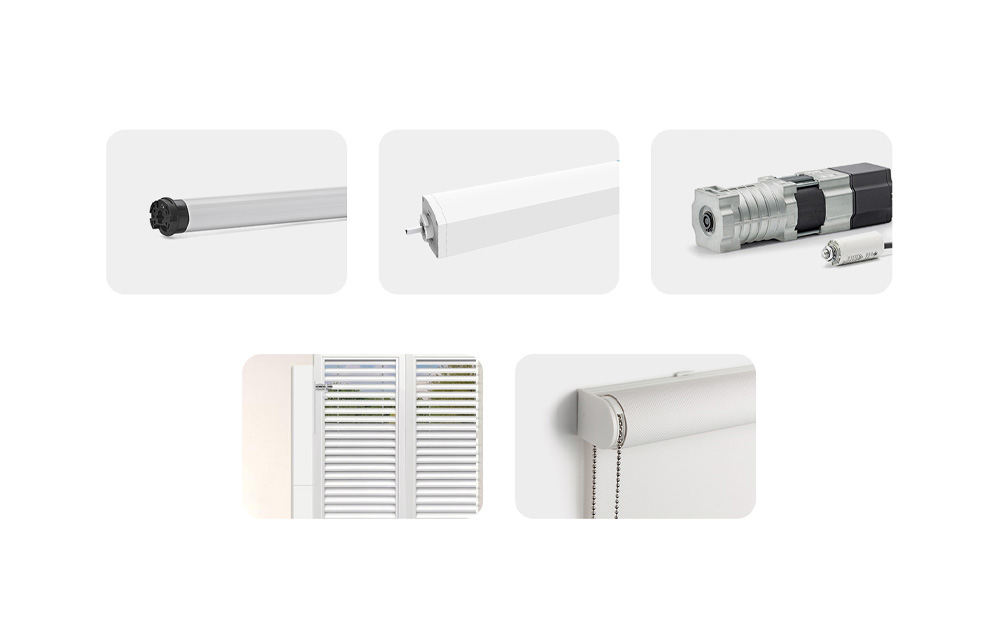 Set of components for roller shutters - tubular motor, retraction mechanism, tubular motors and mounting components on a white background.