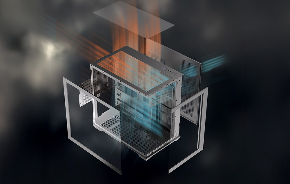 Disassembled case with visible panels, airflow, and internal structure on a dark background