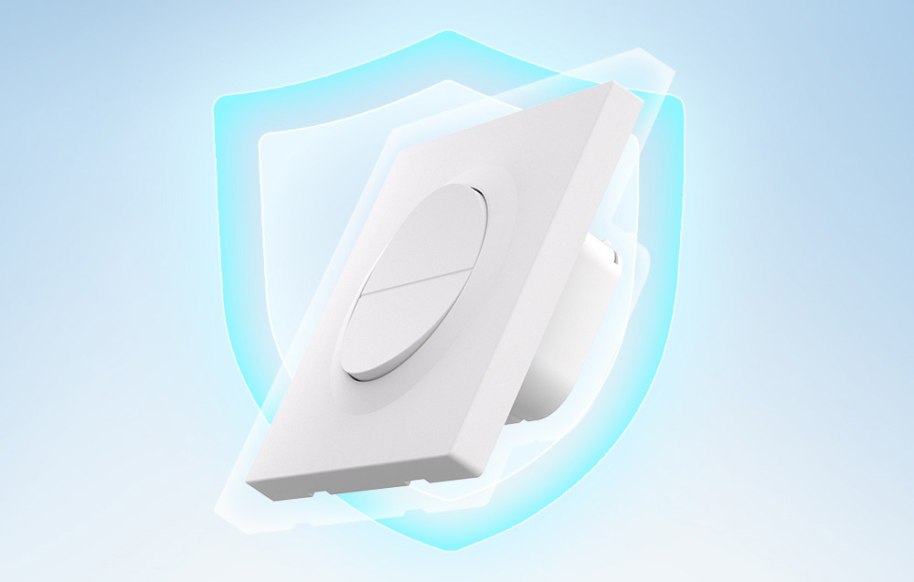 SONOFF wall switch presented with a translucent blue protective shield symbolizing the safety and reliability of the device