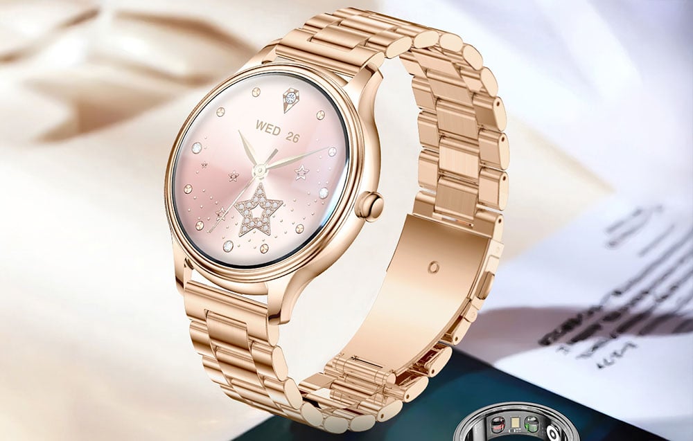 An elegant rose gold smartwatch on a bracelet with a star-patterned dial.