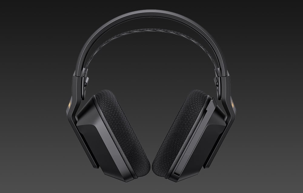 Front view of black gaming headphones with earcups and adjustable headband on gray background