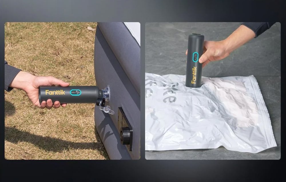 2 photos: an inflated mattress and air sucked out of the vacuum bag using the Fanttik car vacuum cleaner.