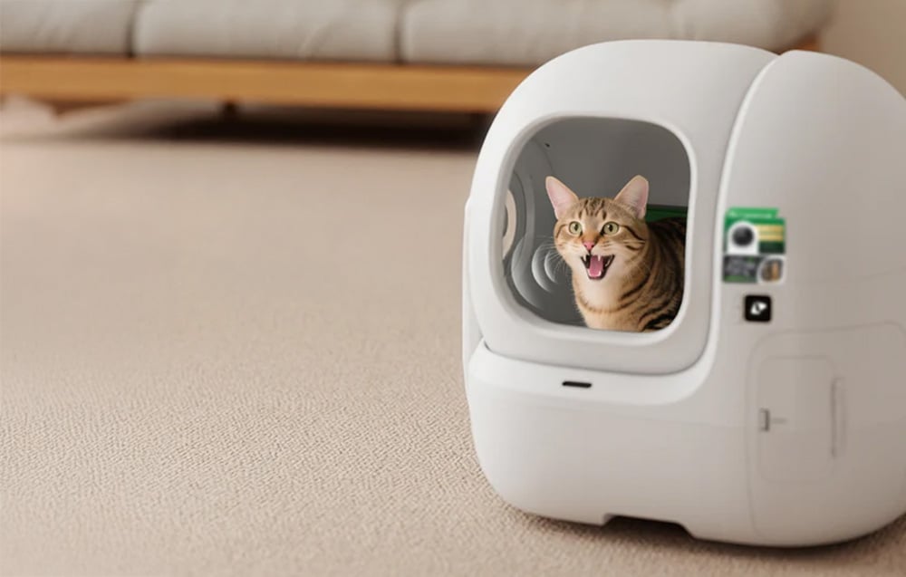 A meowing cat sitting in a white automatic litter box on a light-colored carpet