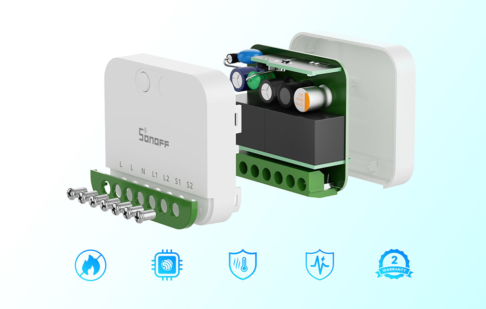 Diagram of a disassembled Sonoff MINI-2GS switch with green circuit board and icons showing safety features: fire resistance, WiFi chip, thermal protection, ope