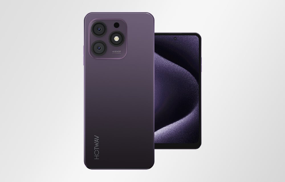 Purple Hotwav smartphone, next to it is the same model turned towards the camera