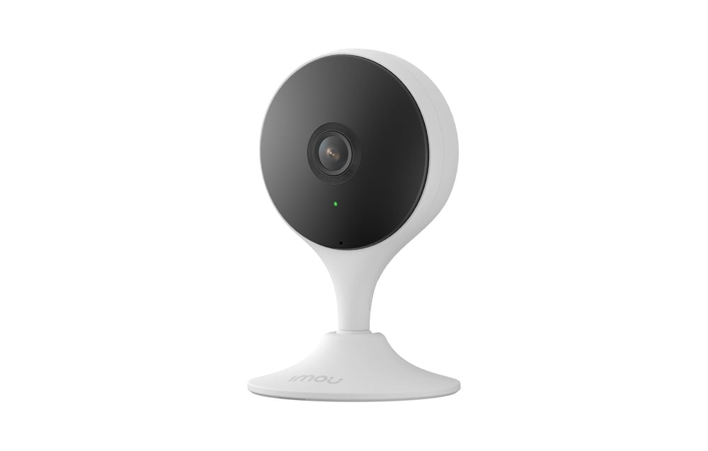 A white Imou home camera with a black front and a small green LED, angled view on a white background