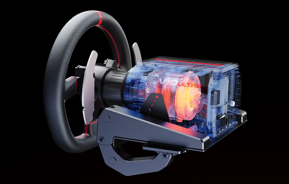 PXN steering wheel with transparent housing showing internal components and orange backlighting