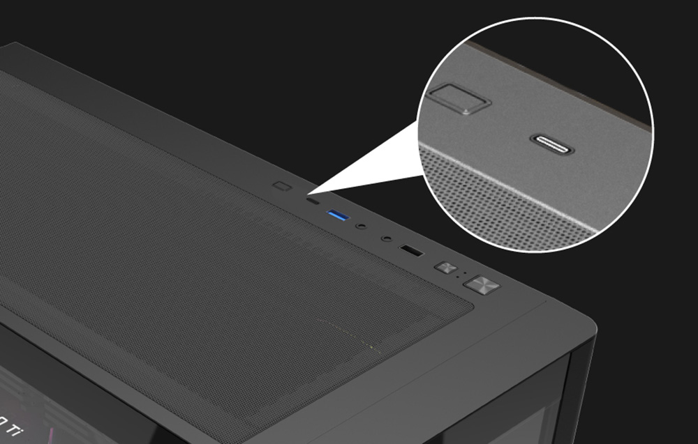 Close-up of the ports and buttons of the black computer case