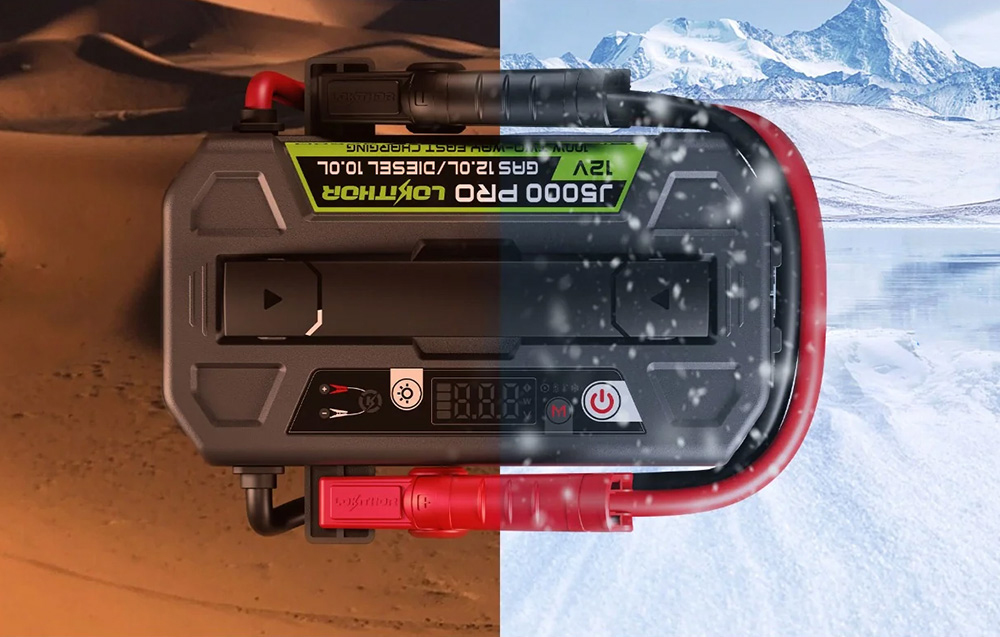 An image showing the device against a backdrop of a desert and frosty mountains, suggesting resistance to extreme temperatures.
