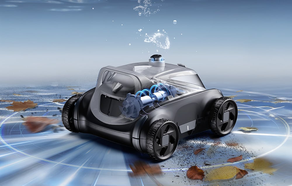 The pool robot releases a fountain of water while operating, with a graphic visualization of its internal filtration system
