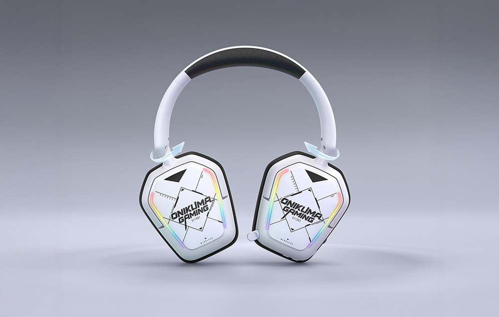 White Onikuma in-ear headphones on a gray background