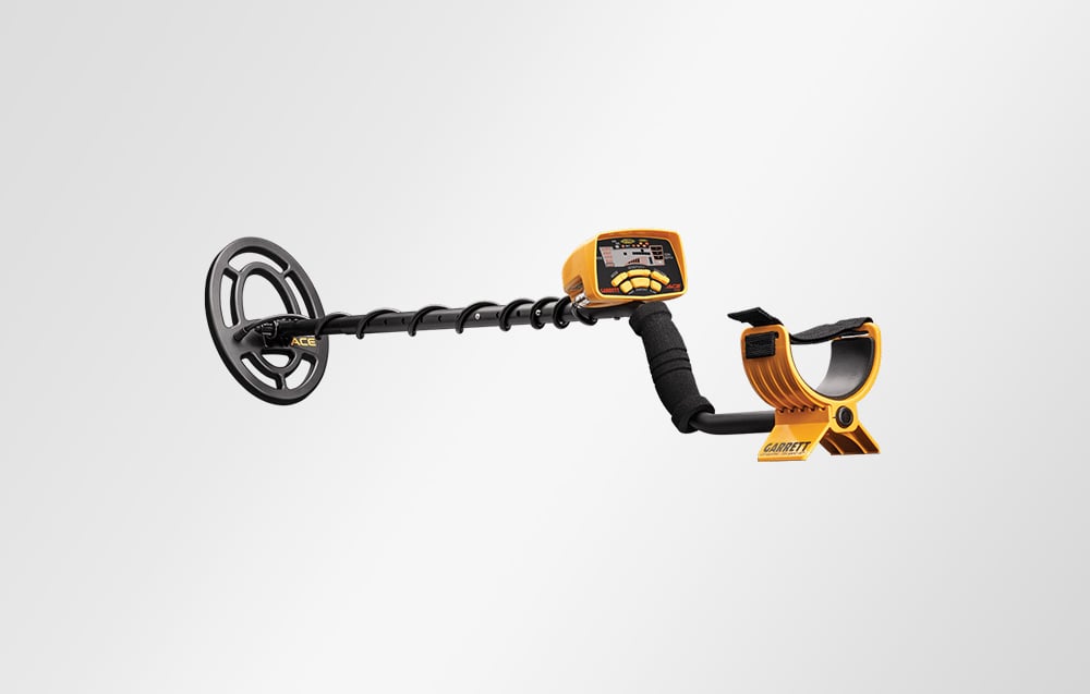 Garrett ACE 250 metal detector on a white background, view from the left.