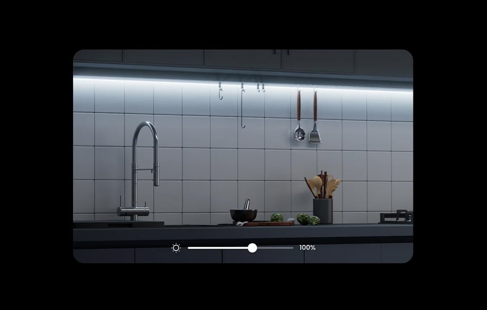 Modern kitchen with white tiles and LED tape under the cabinets, brightness slider set to 100%