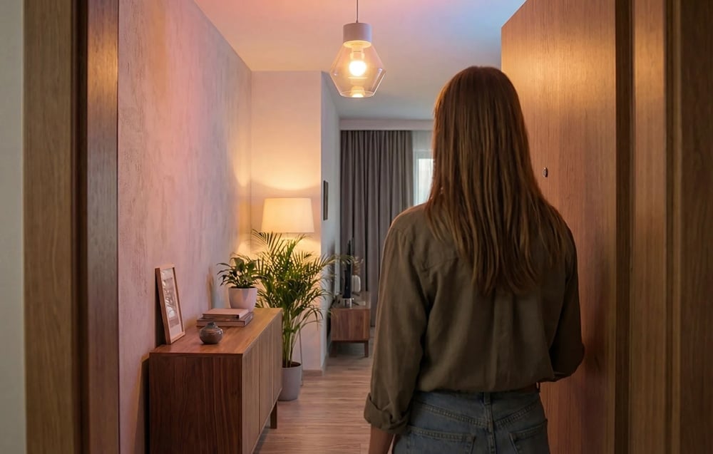 A woman standing with her back to the camera in the entryway, looking toward the brightly lit living room
