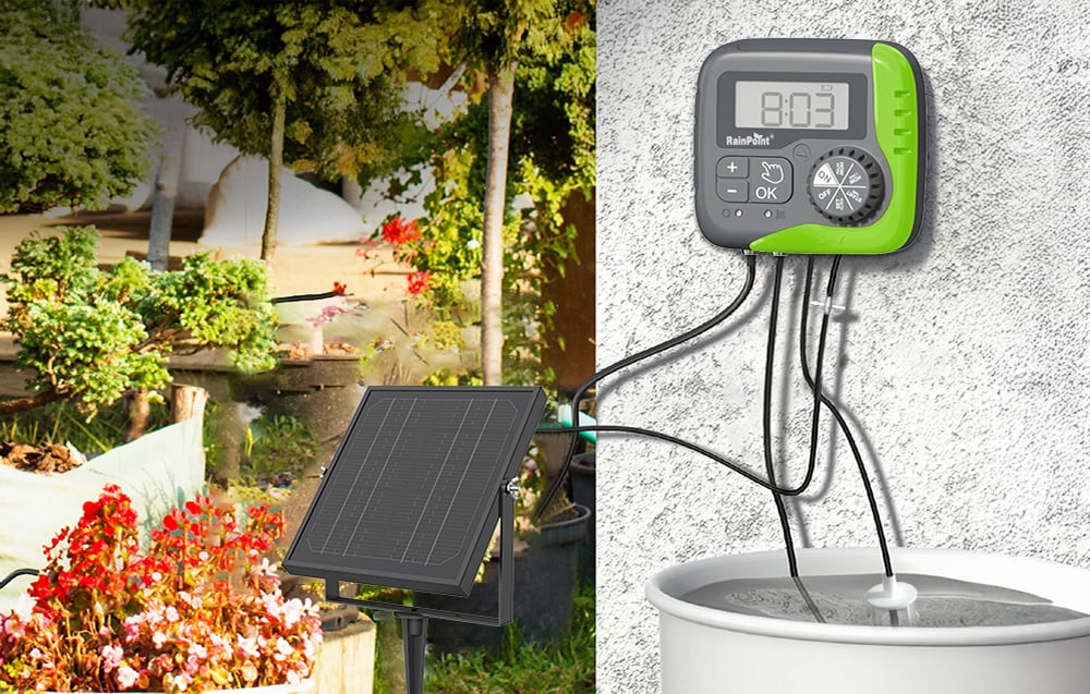 RainPoint controller connected to a solar panel on a tripod, irrigating garden plants from a reservoir