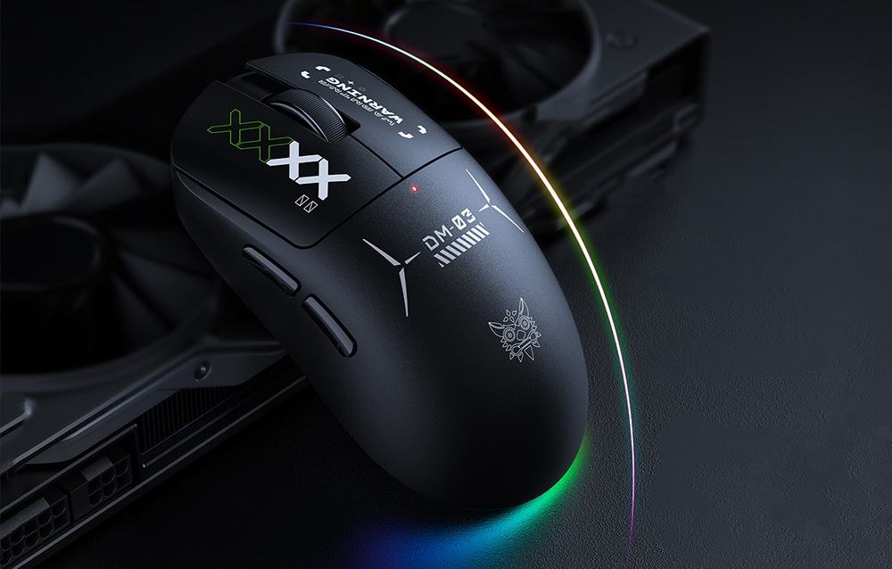 Close-up of a black Onikuma computer mouse with backlighting