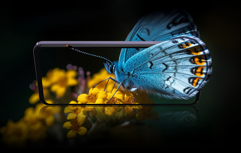 Close-up of the Hotwav smartphone screen displaying a blue butterfly