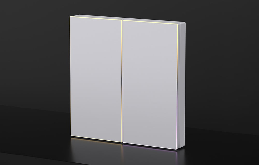 White two-key touch switch with yellow and purple LED backlighting on blacktle