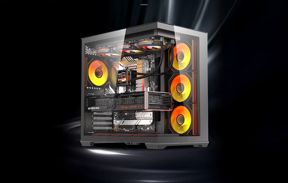 Gray PC case with orange RGB fans and water cooling on a dark background.