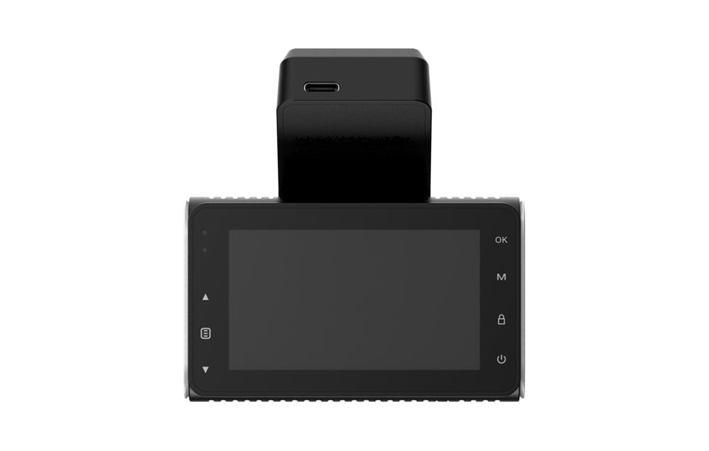 Imou dashcam rear view; black screen with function buttons on the sides and a USB port on top