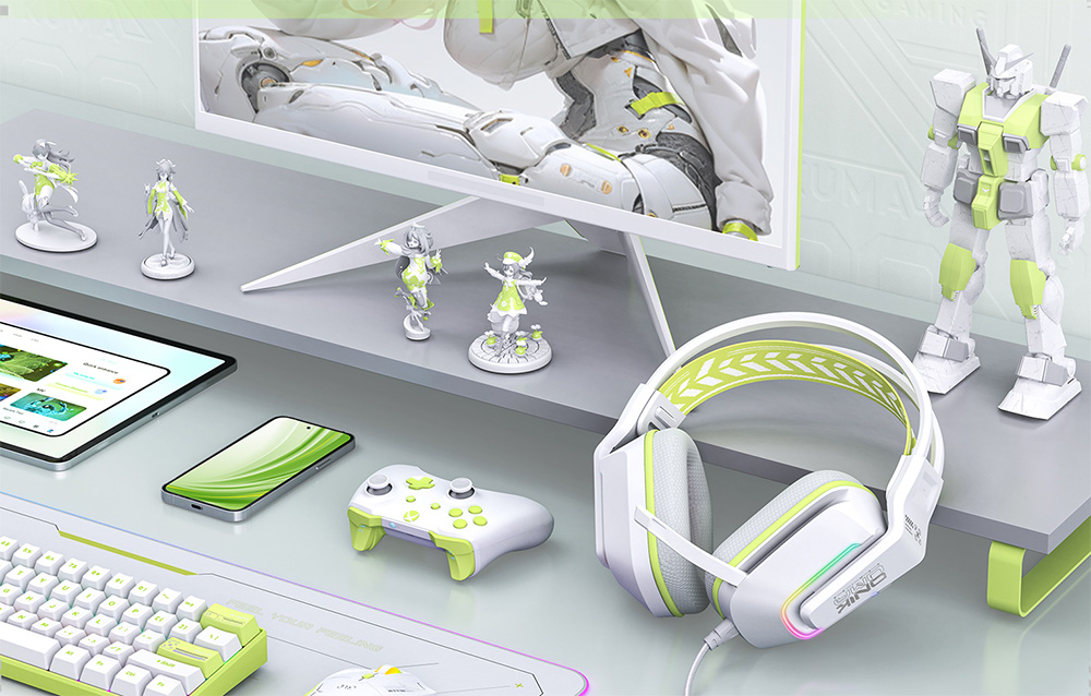 Onikuma headphones standing on a desk next to electronic devices and collectible figurines