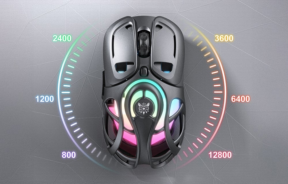 Black mouse with backlight and holes in circle with numbers representing DPI values