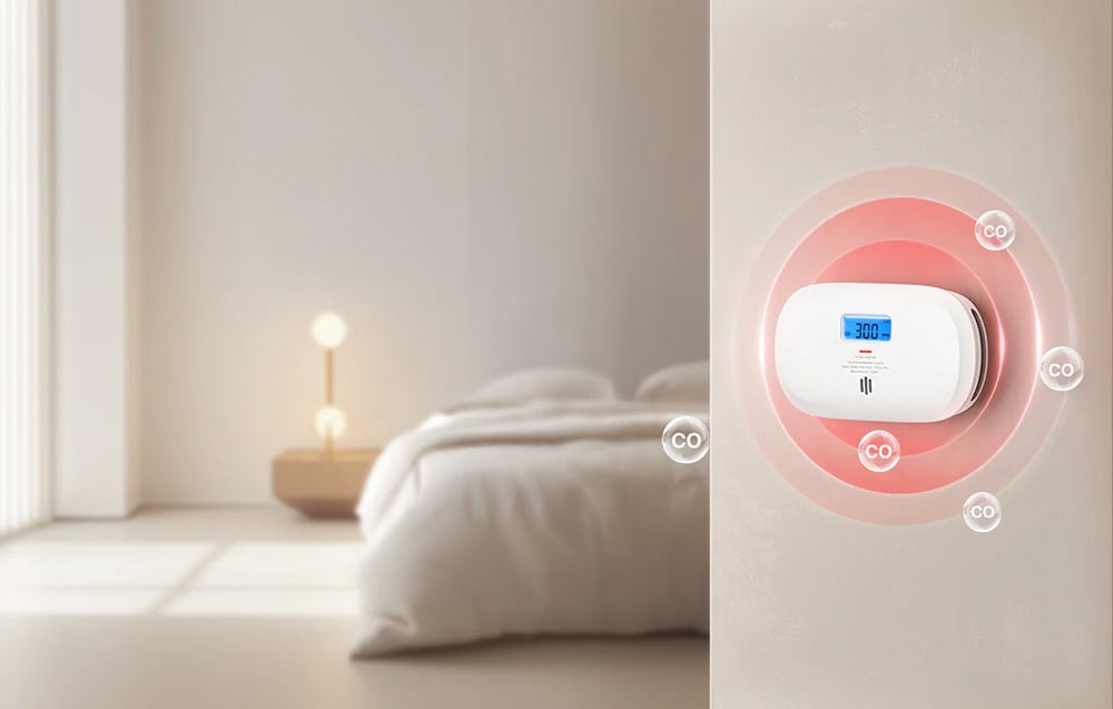 X-Sense carbon monoxide detector mounted on the bedroom wall with red waves and CO icons to symbolize the detection of Chad