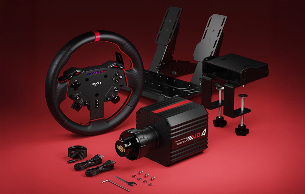 PXN gaming set consisting of a steering wheel, pedals, handle, and steering wheel base on a red and black background