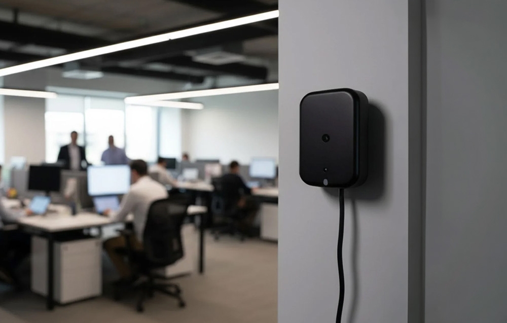 A presence sensor in a black housing mounted on a structural pillar in a well-lit office.