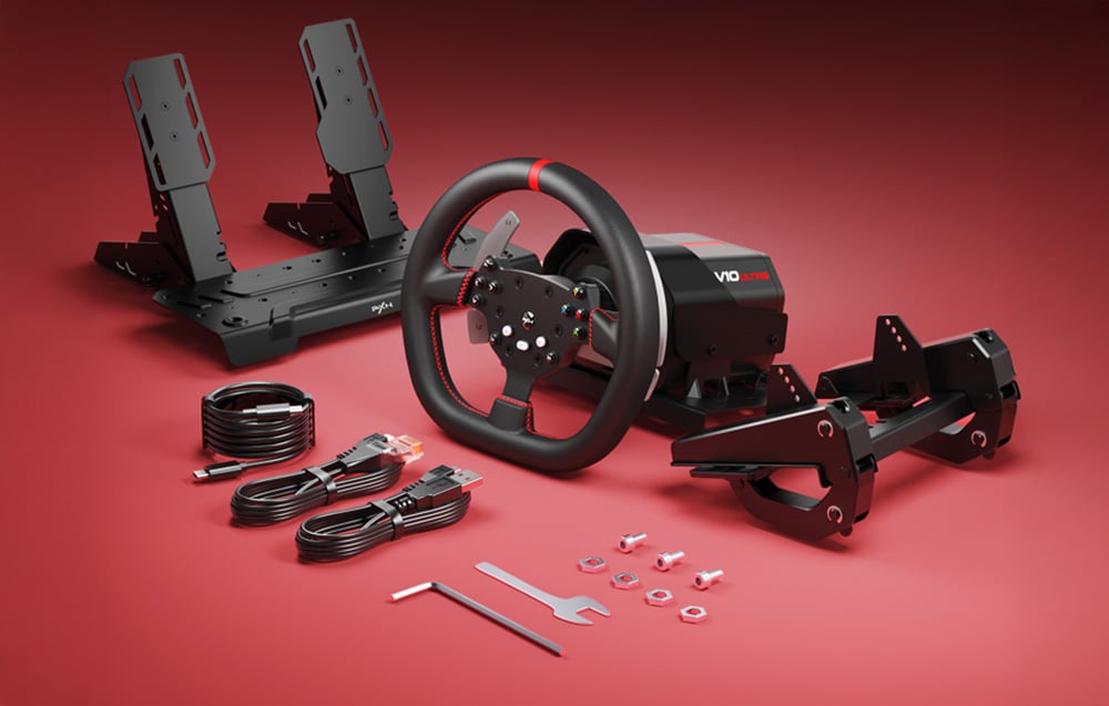 Complete PXN-V10 Ultra kit with steering wheel, pedals, cables and mounting accessories laid out in red