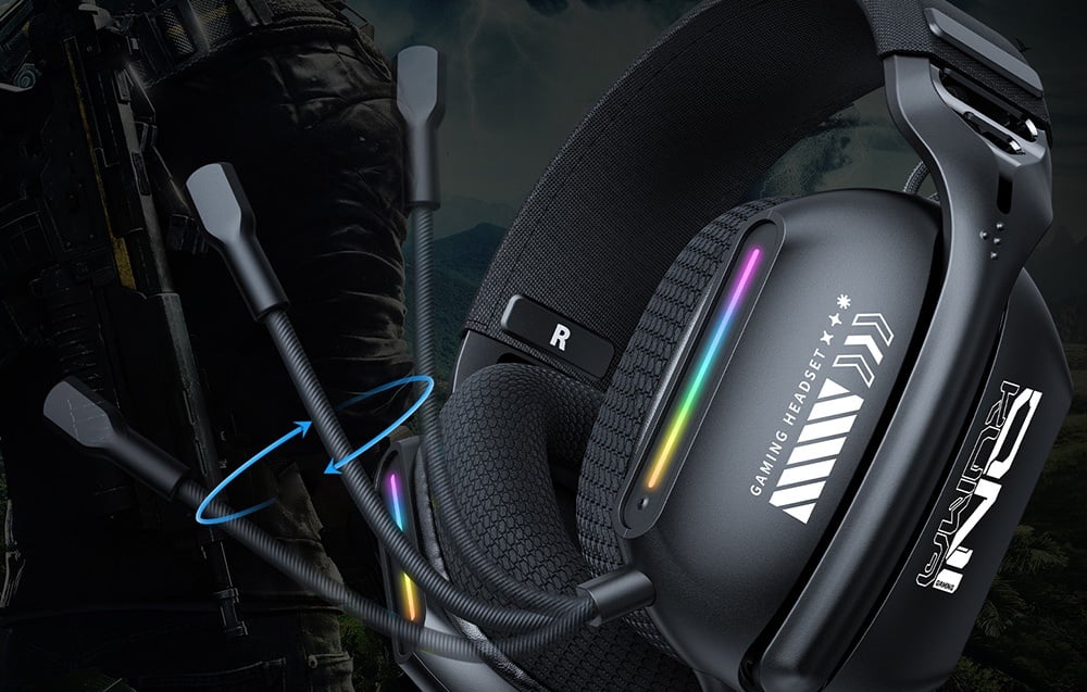 Headphones with adjustable microphone and RGB backlighting on a dark background