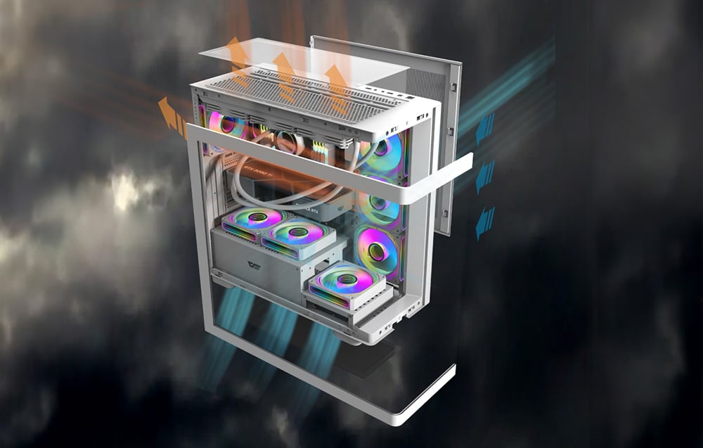 Computer case with components against a background of dark clouds