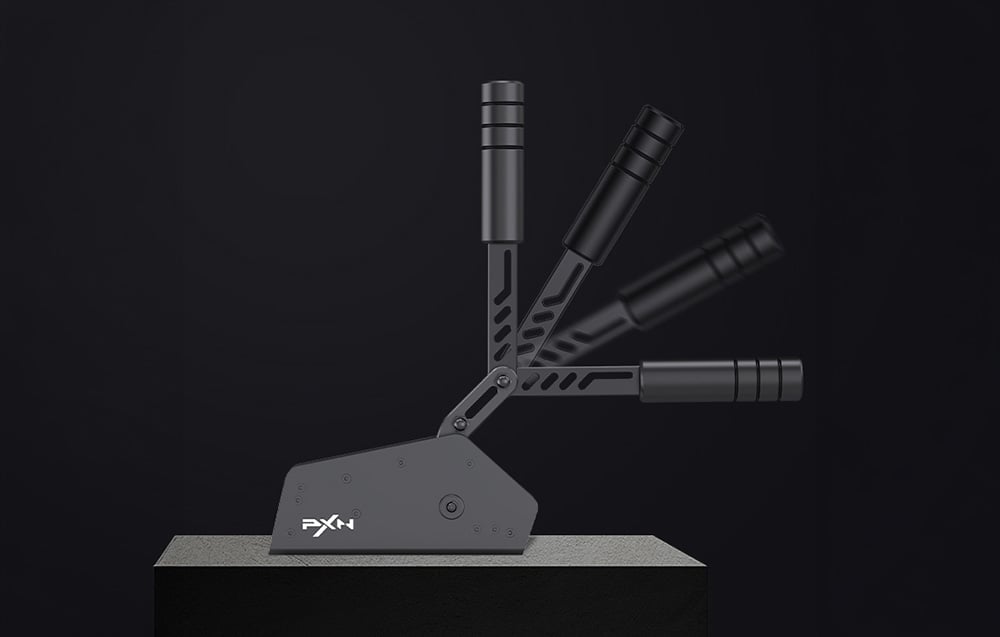 Black, metal PXN handbrake shown with the lever at four different angles against a dark background