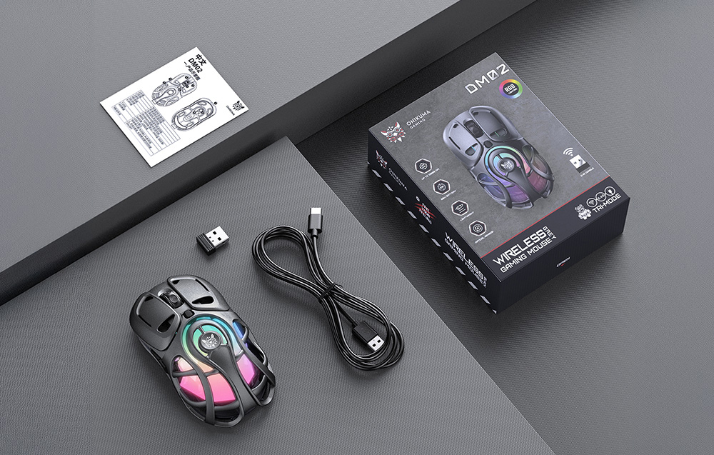 Black computer mouse, receiver, cable, packaging and user manual on gray geometric bases