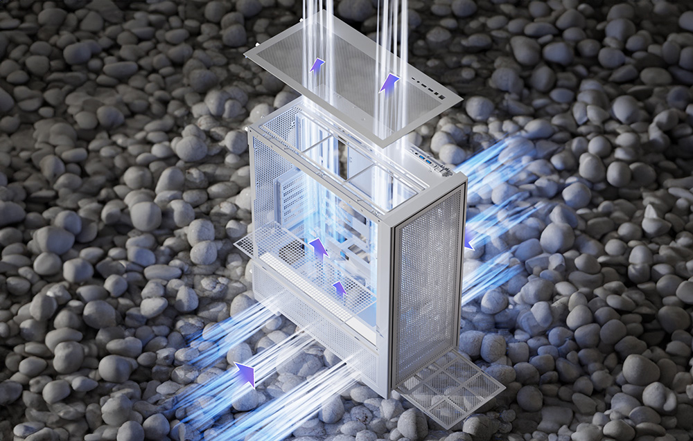 White computer case on stones with arrows indicating airflow direction