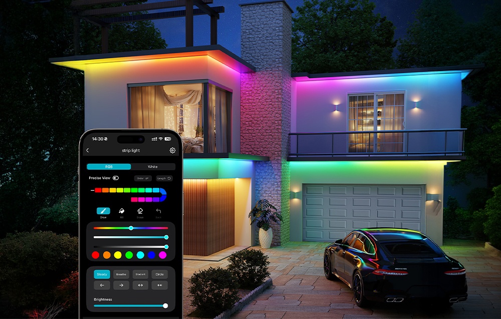 A smartphone with a light-control app open; a modern house with a car is visible in the background.