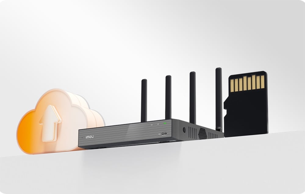 A black Imou recorder with antennas placed next to an orange cloud icon with an arrow and an SD memory card