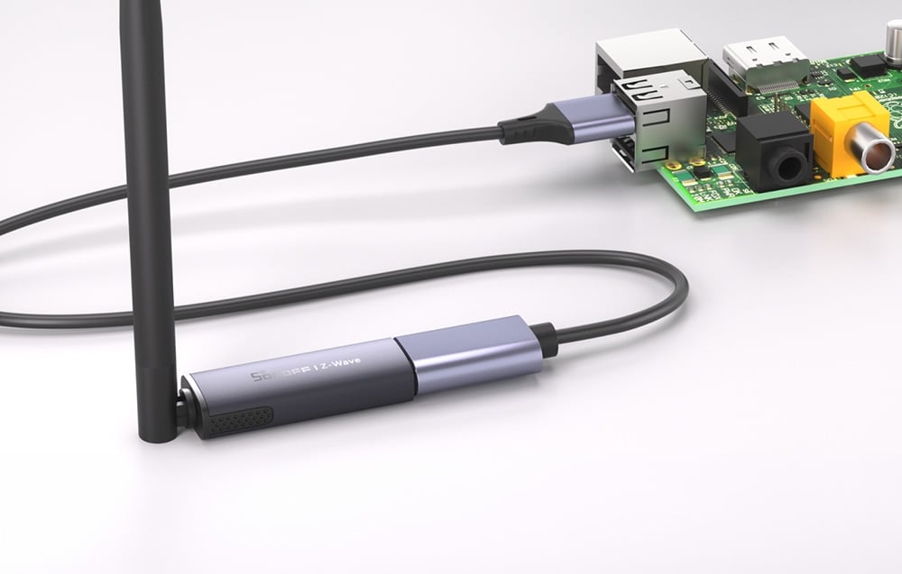 USB adapter with antenna connected to a single-board computer via a USB cable