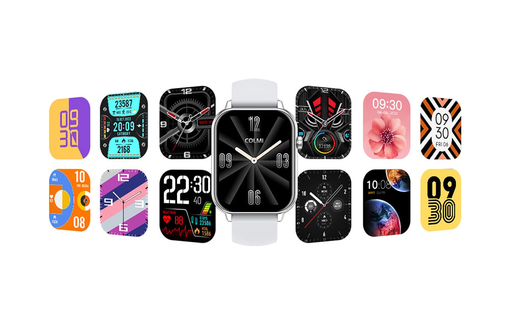 A white Colmi smartwatch with an analog dial surrounded by a mosaic of twelve different smaller digital dials