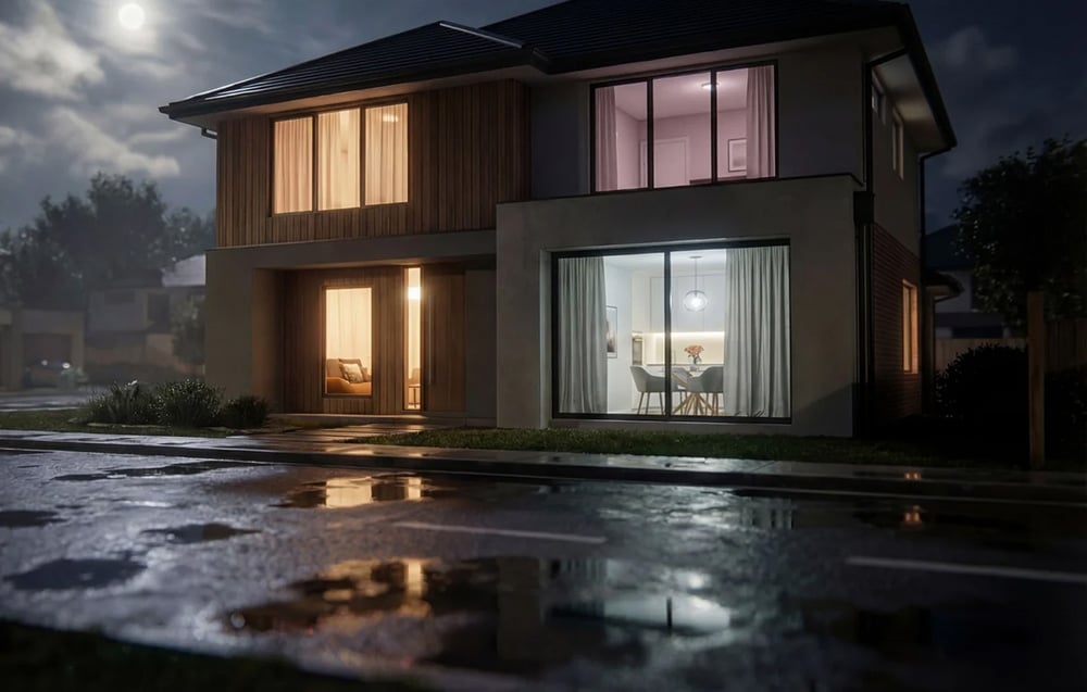 An exterior view of a house at night with lit windows and a wet street in the foreground
