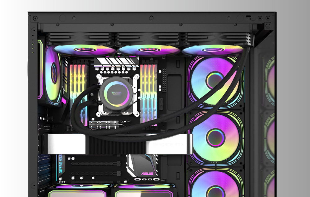 The interior of the Darkflash DS900W computer case with components installed.