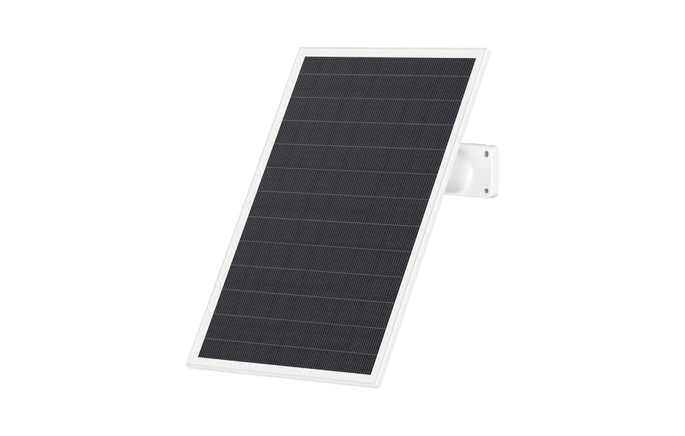Solar panel with white mounting bracket visible on the right, angled on a white background